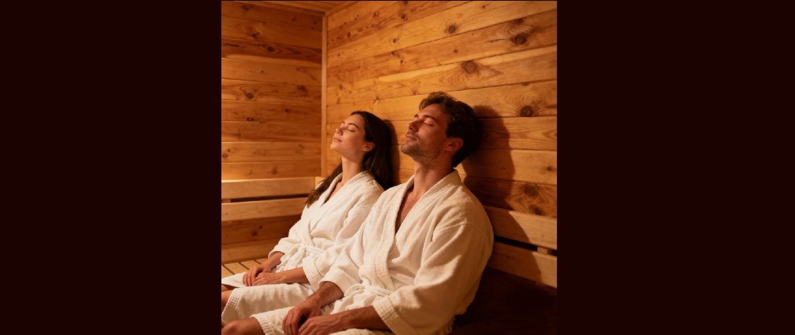 two people in a sauna with eyes closed and relaxing