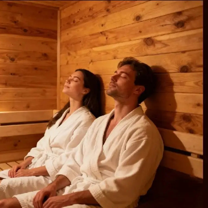 two people relaxing in a sauna