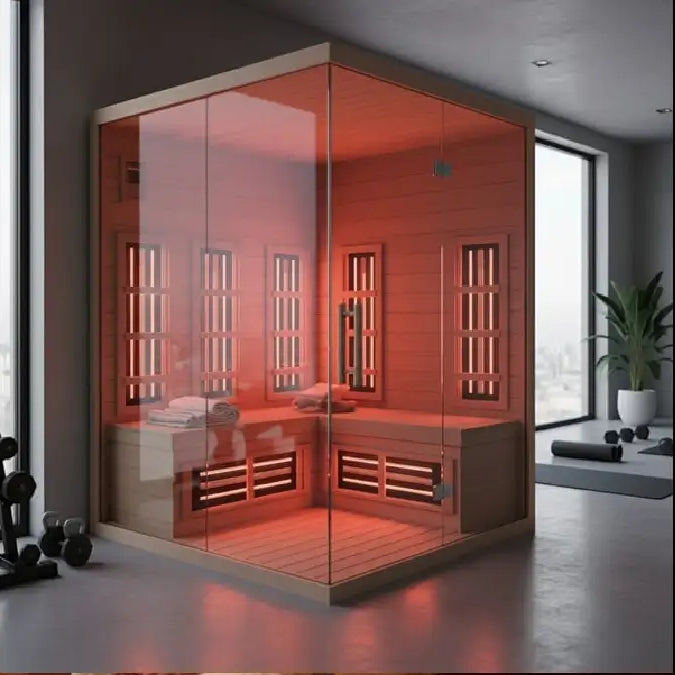 indoor sauna with red lighted glow