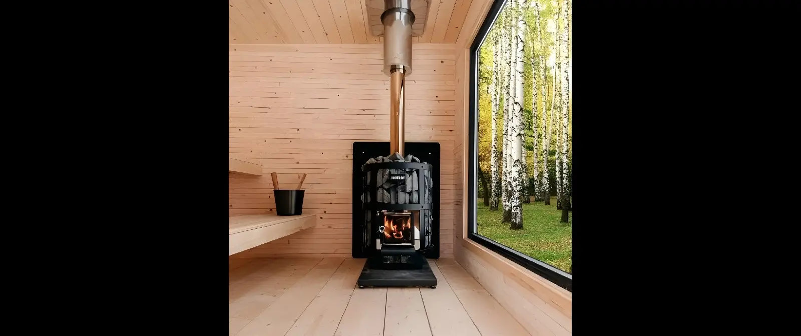 wood-burning sauna heater inside of a sauna