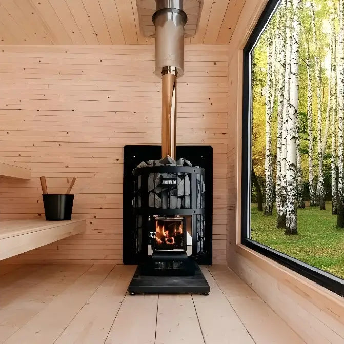 wood-burning sauna heater inside of a sauna