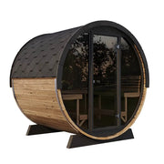 Wooden barrel outdoor sauna with glass panels on a white background