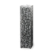 Tall metal gabion planter filled with gray stones on a white background