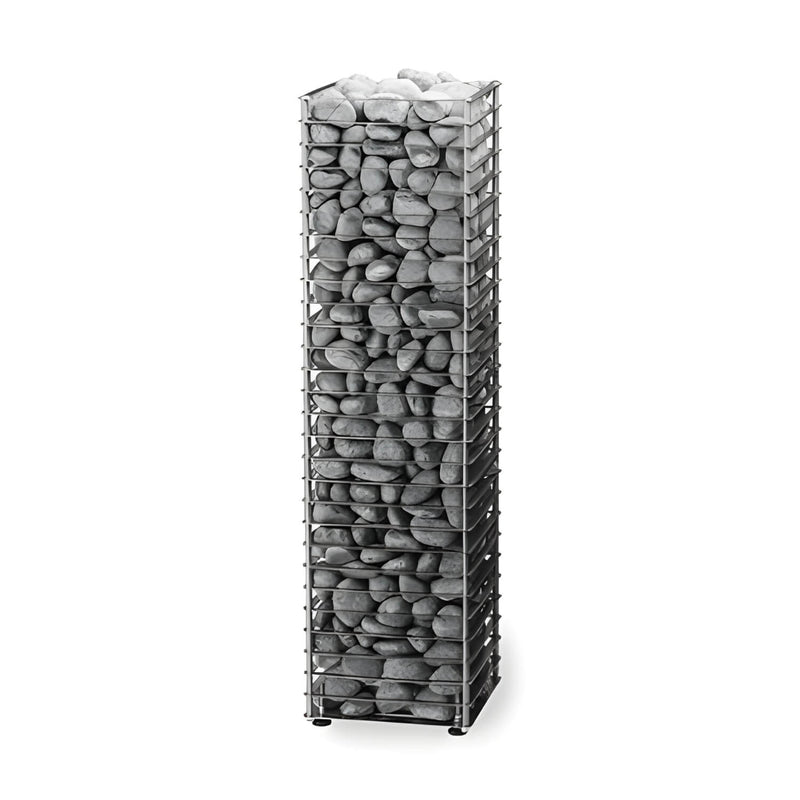 Tall metal gabion planter filled with gray stones on a white background