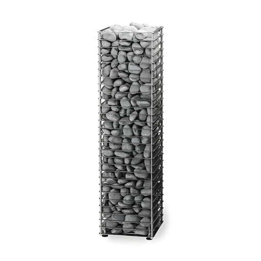 Tall metal gabion planter filled with gray stones on a white background