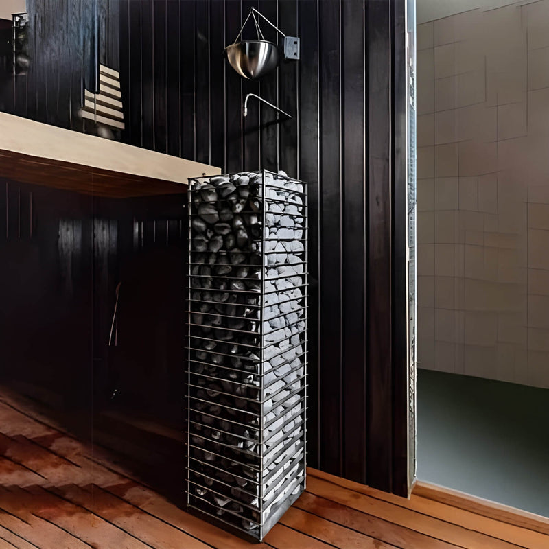 Tall heater rack against a black paneled wall with a wooden floor.