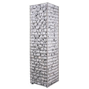 Tall metal gabion basket filled with stones on a white background