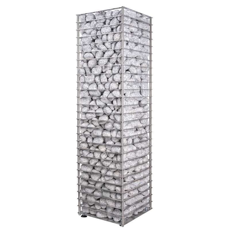 Tall metal gabion basket filled with stones on a white background