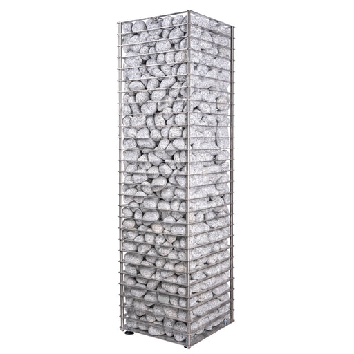 Tall metal gabion basket filled with stones on a white background