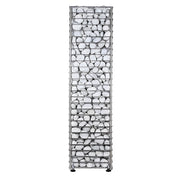 Tall vertical gabion sauna heater with white stones on a white background