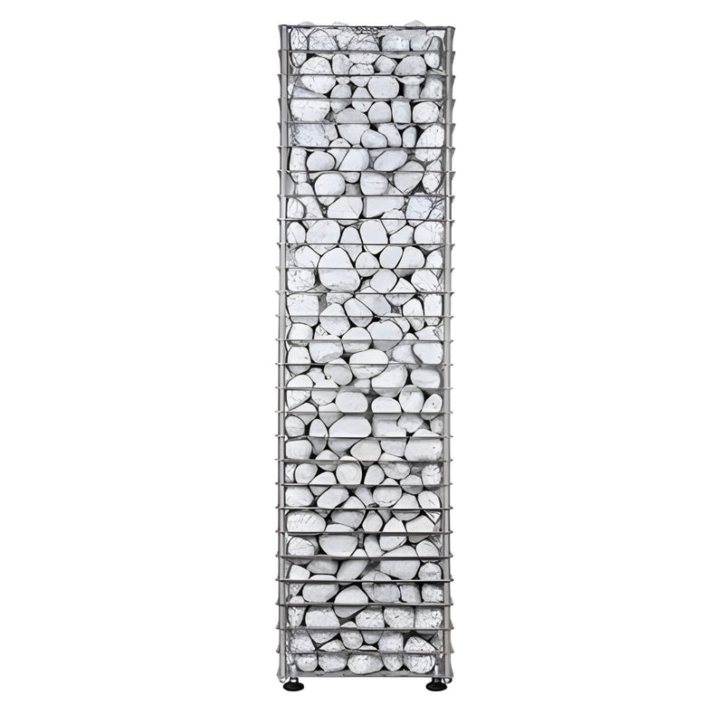 Tall vertical gabion sauna heater with white stones on a white background