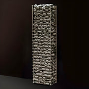 Tall rectangular sauna heater filled with stones on a black background
