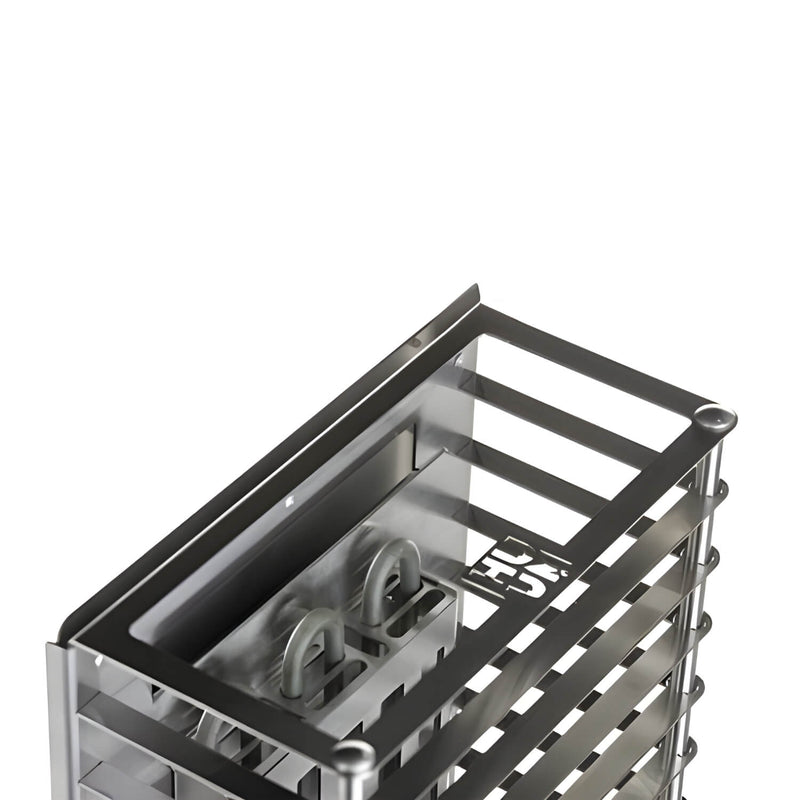 Metal sauna heater rack with cutouts on a white background