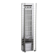 Tall metal display rack with multiple shelves on a white background