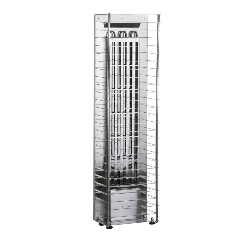 Tall metal display rack with multiple shelves on a white background