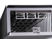 Close-up of a metal component with 'HUM' branding on a white background