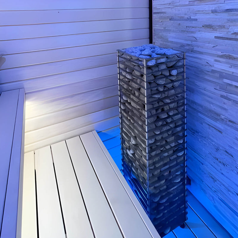 Rack of stones in a sauna with wooden walls and floor