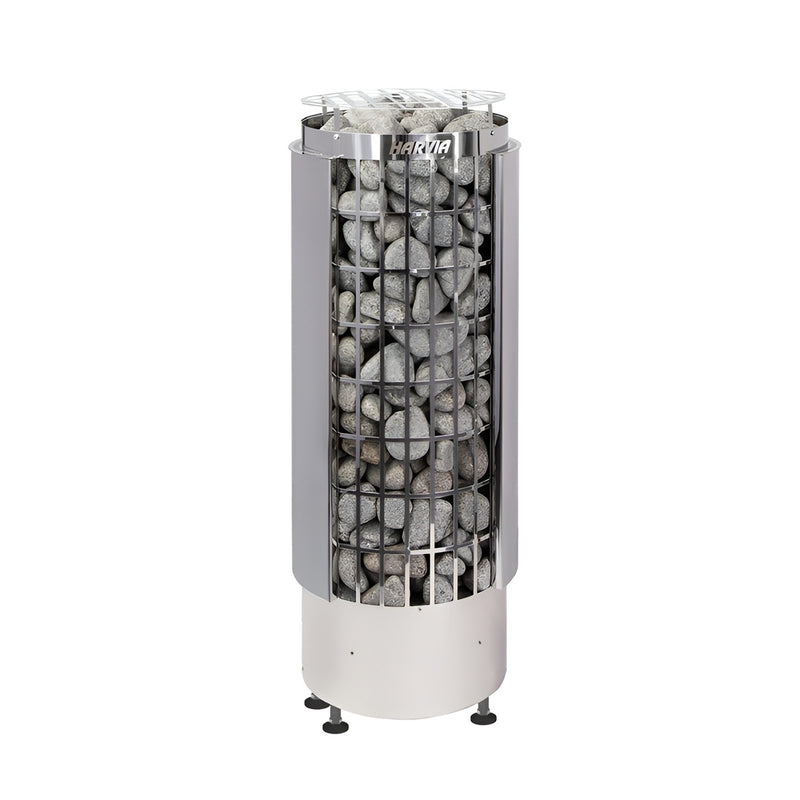  cylindrical sauna heater with stones inside on a white background