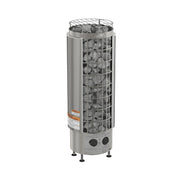Metal sauna heater with rocks inside on a white background