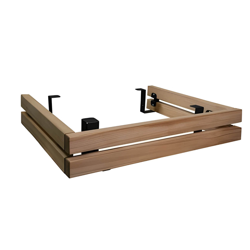 Wooden sauna heater safety rail with metal brackets on a white background