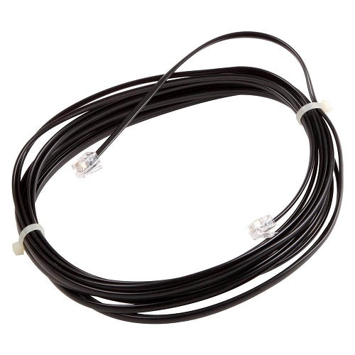Coiled black cable with connectors on a white background