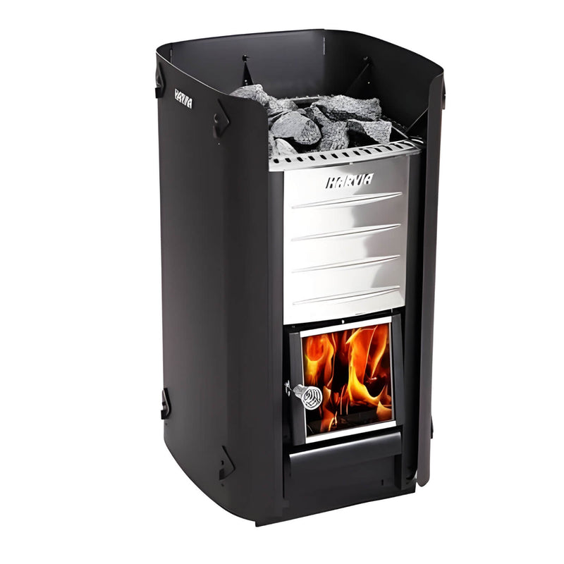 Black wood burning sauna heater with visible flames and Harvia branding on a white background