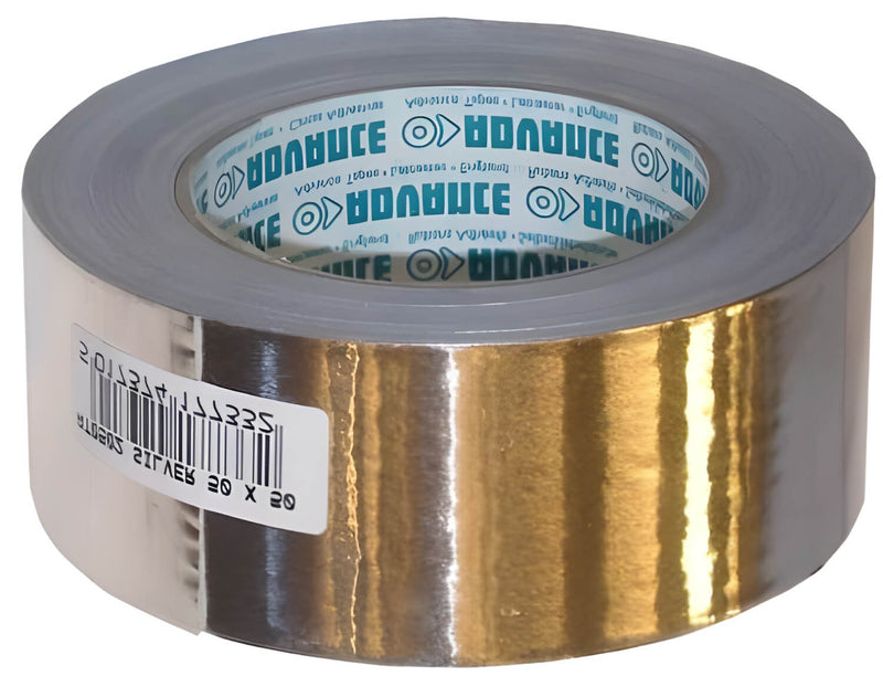 Roll of silver tape with a visible brand label on a white background