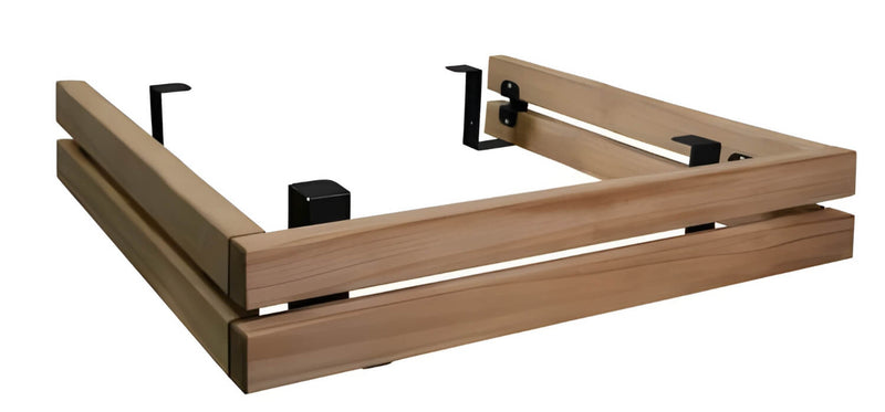 Wooden sauna heater safety rail with metal brackets on a white background