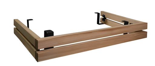 Wooden sauna heater safety rail with metal brackets on a white background