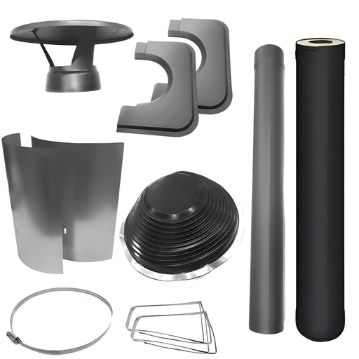 Collection of sauna heater parts including a roof vent, flashing, and rolls of material on a white background.