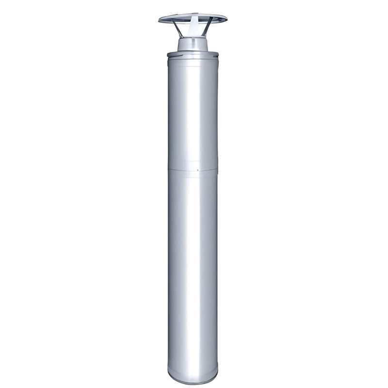 Silver cylindrical chimney with a rain cap on a white background