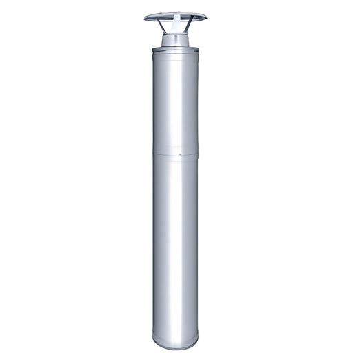 Silver cylindrical chimney with a rain cap on a white background