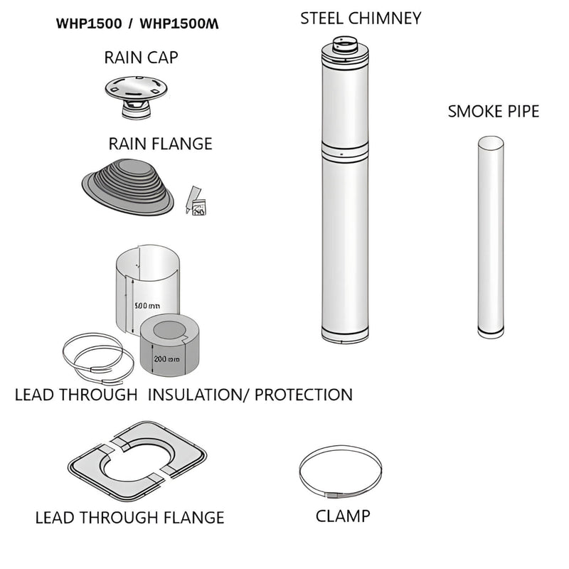 Diagram of components including rain cap, rain flange, steel chimney, smoke pipe, lead through insulation, lead through flange, and clamp.