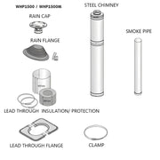 Diagram of components including rain cap, rain flange, steel chimney, smoke pipe, lead through insulation, lead through flange, and clamp.