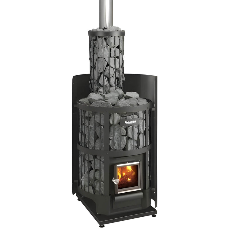 Wood-burning sauna heater with visible fire and stone design on a white background
