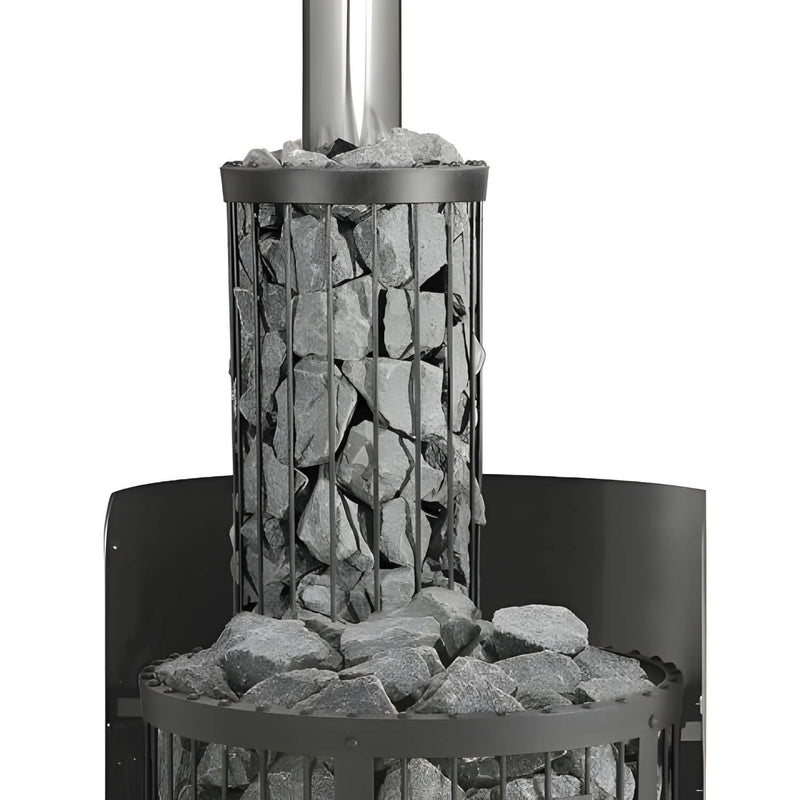 Sauna stone holder with metal chimney on a white background
