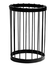Black metal cage-like object on a white background