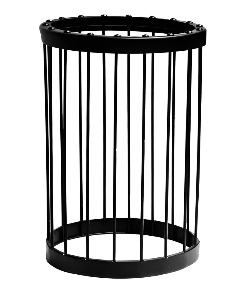 Black metal cage-like object on a white background