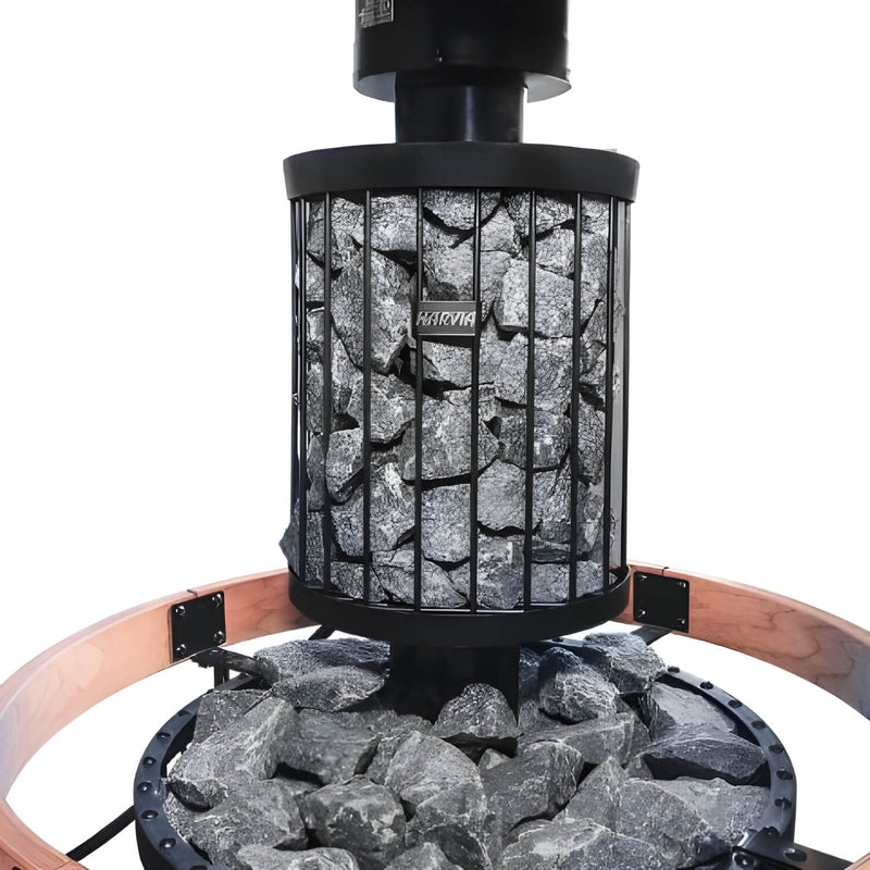 Sauna heater with rocks and metal grate on a white background