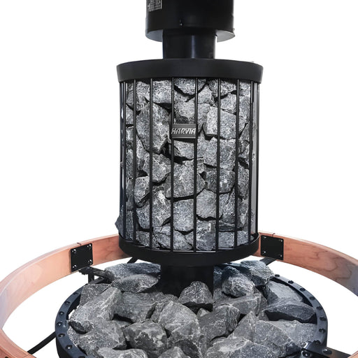 Sauna heater with rocks and metal grate on a white background