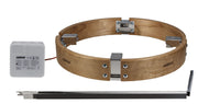 Wooden hoop with metal components and a control box on a white background