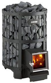 Harvia wood burning sauna with glowing interior and stone-like exterior on a white background