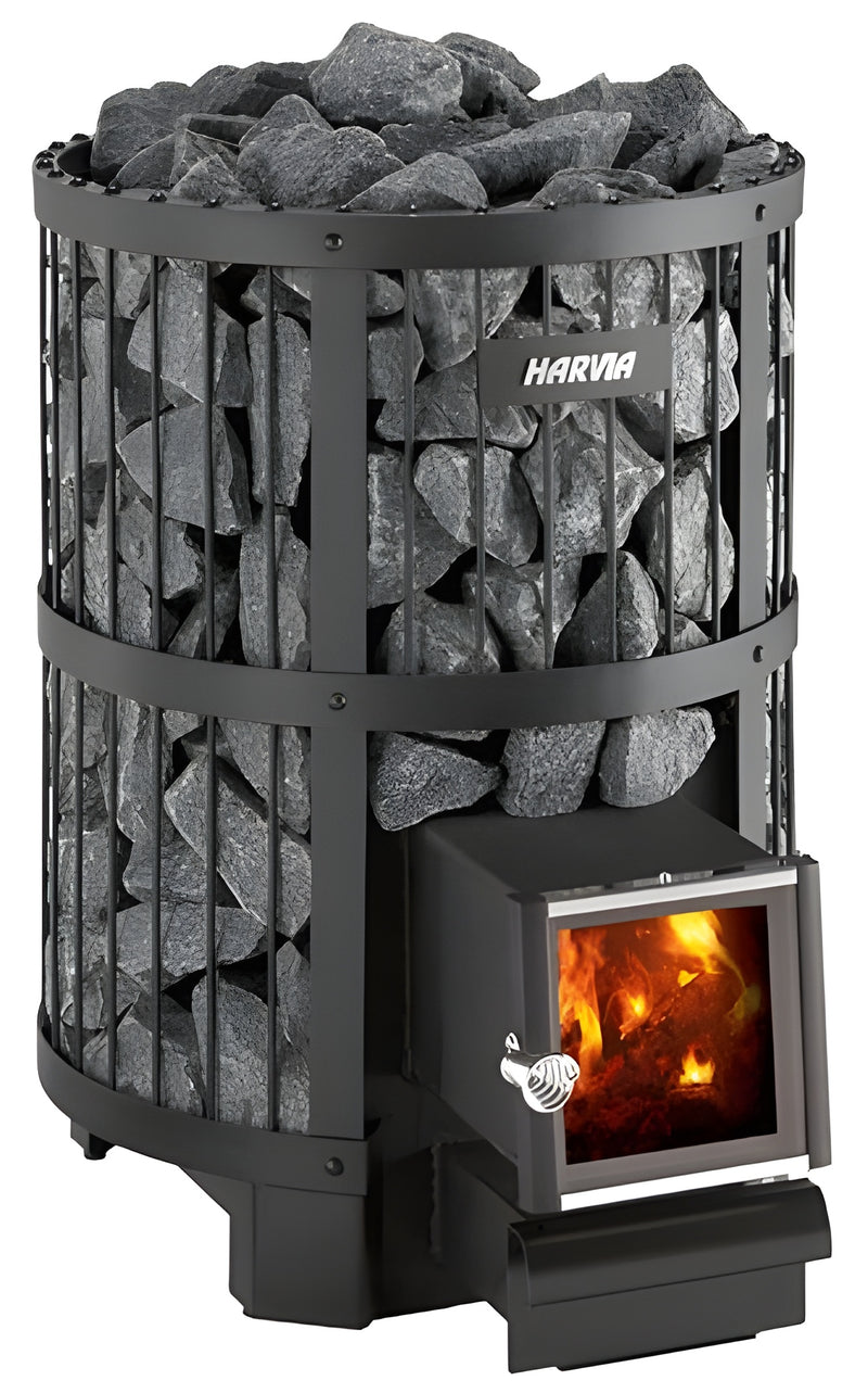 Harvia wood burning sauna with glowing interior and stone-like exterior on a white background