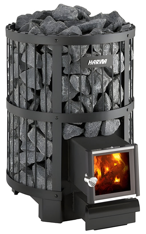 Harvia wood burning sauna with glowing interior and stone-like exterior on a white background
