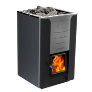 Wood-burning sauna with visible fire and Harvia branding on a white 