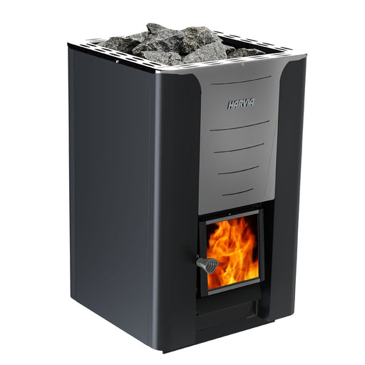 Wood-burning sauna with visible fire and Harvia branding on a white 