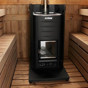 Black Harvia sauna heater in a wooden sauna