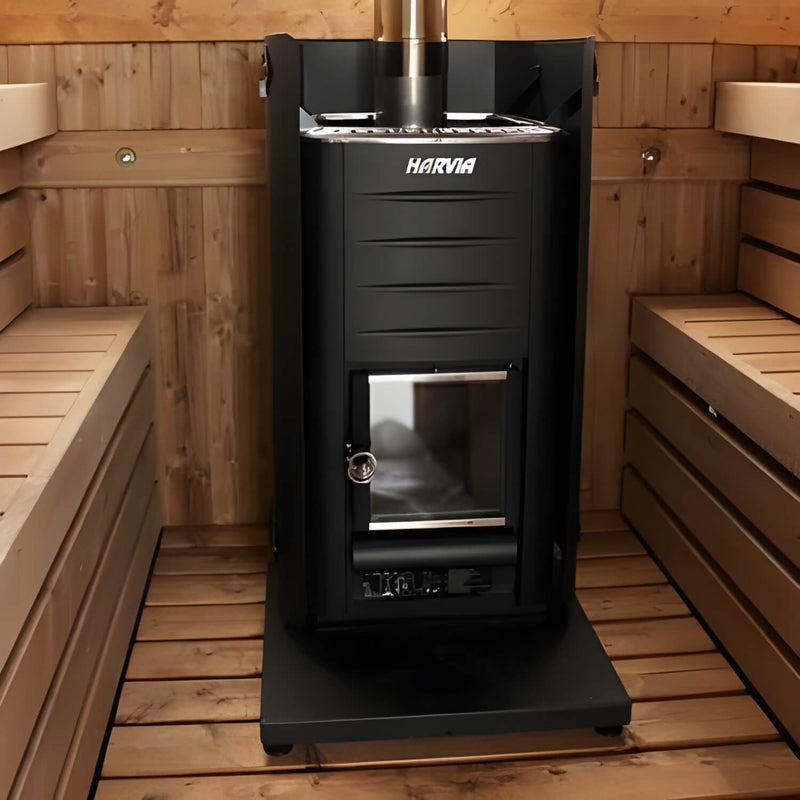 Black Harvia sauna heater in a wooden sauna