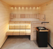 Wooden sauna interior with sauna heater