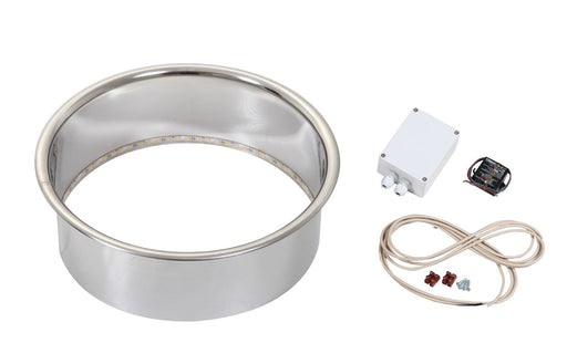 Metal ring, small white box, black device, and cable on a white background